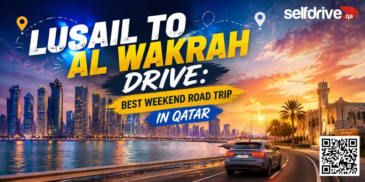Scenic drive from Lusail to Al Wakrah in Qatar, showcasing a car on a coastal road at sunset, city skyline, palm trees, and vibrant sky.